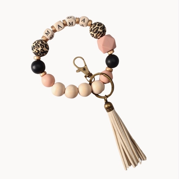 Wood, Pink Cheetah Beaded Mama Bracelet Key Chain With Tassel - Picture 1 of 1